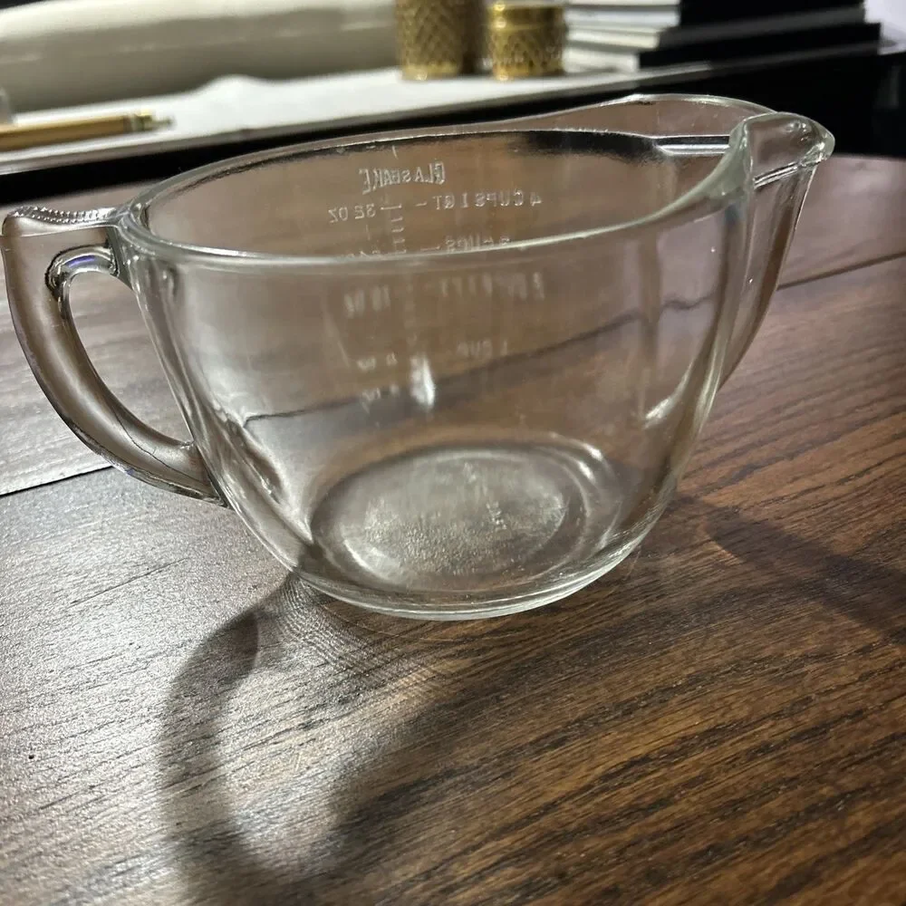 Vintage GLASBAKE 4 Cup Glass Liquid Measuring Cup D Shaped Handle #J-2031